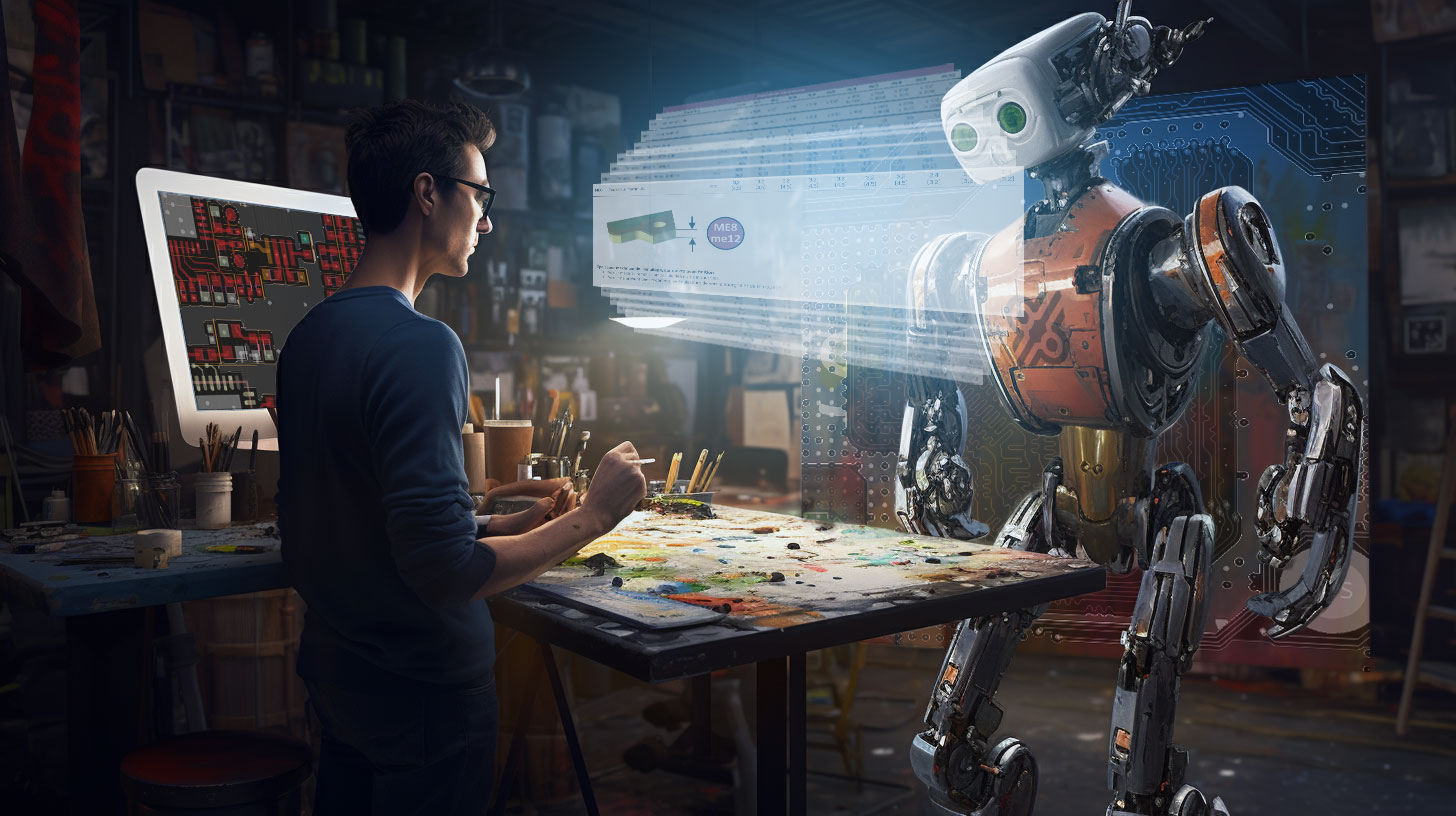 France CAO - un artist peint sous le regard d'un robot et un hologramme de l'AFNOR SPEC 2212 France CAO - un artist peint sous le regard d'un robot et un hologramme de l'AFNOR SPEC 2212